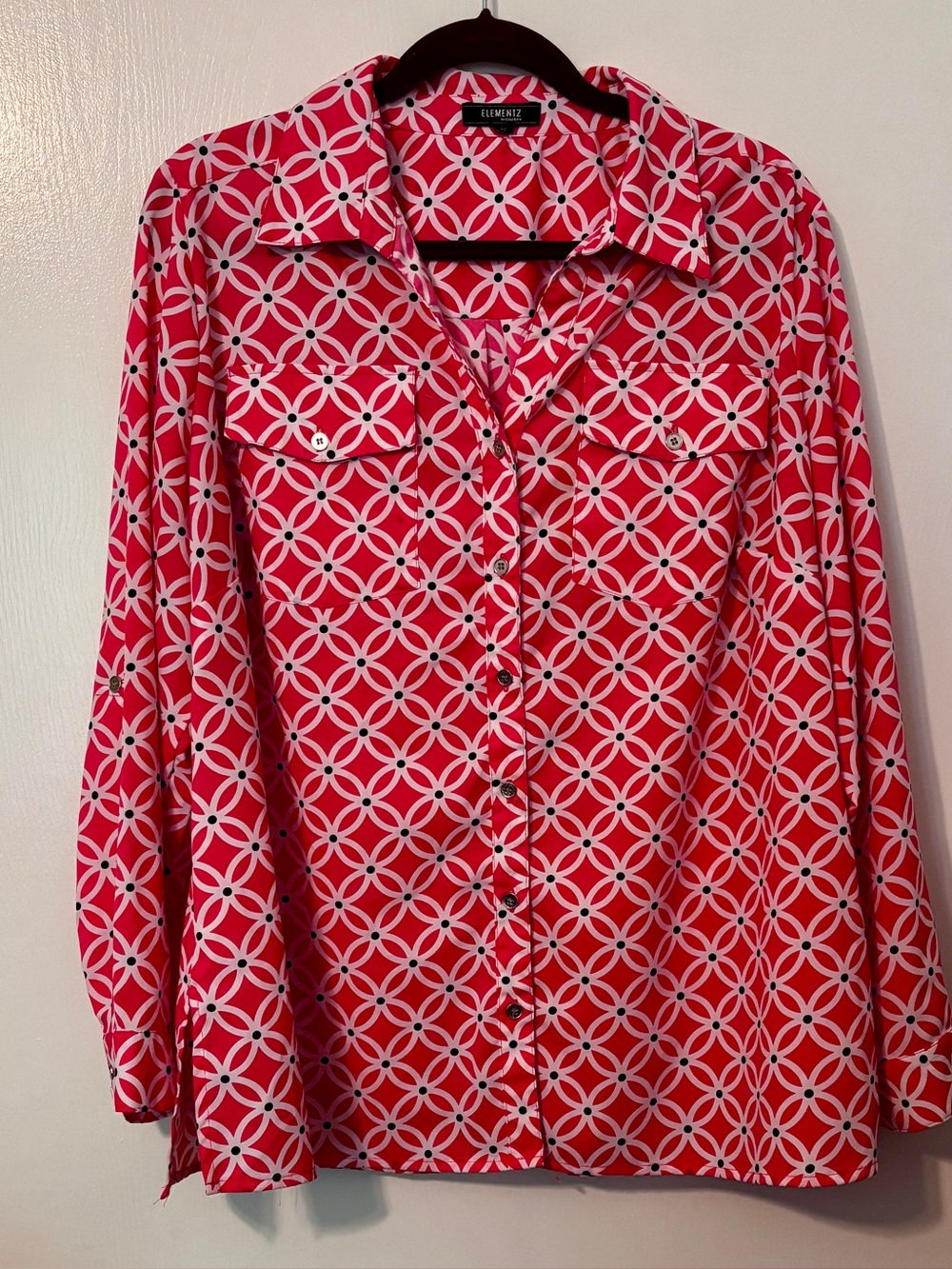Elementz Woman Pink and White XL Geometric Button-Down Blouse